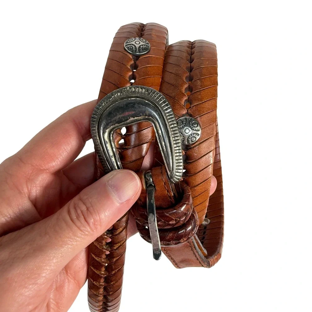 Vtg 90s Sz 36 Leather Belt Western Concho Braided Whipstitch Brown‎ Woven Boho